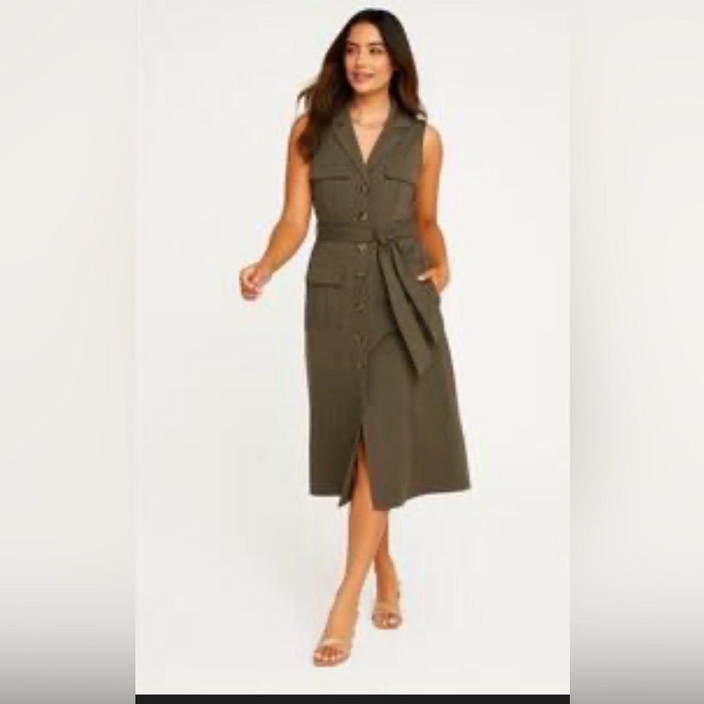 ANTONIO MELANI Olive Green Sleeveless Midi Shirt Dress